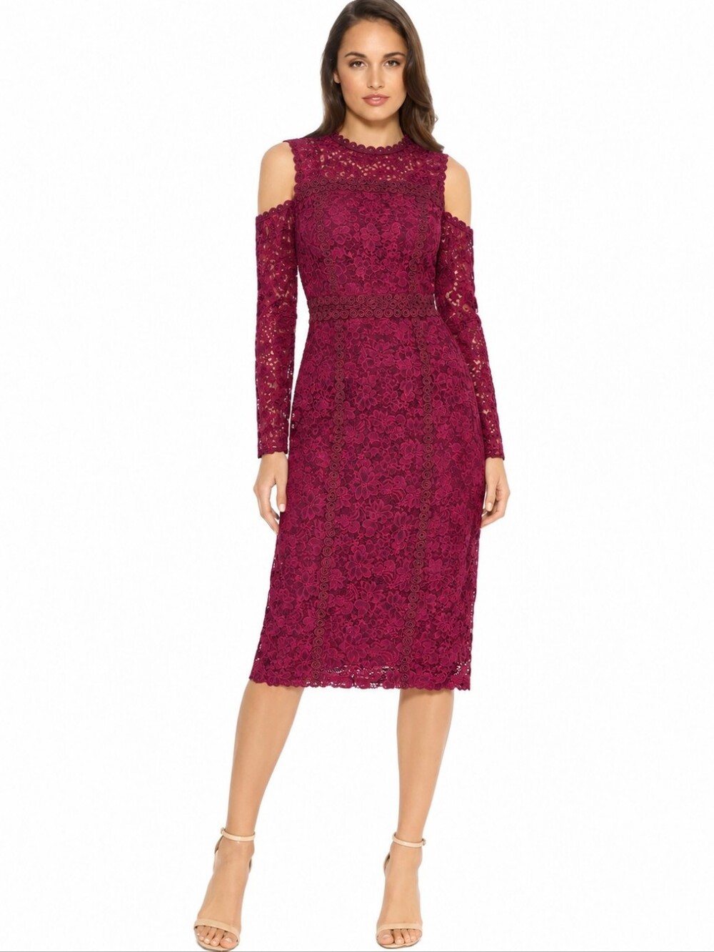 Premier Amour Burgundy Lace Cold Shoulder Cocktail Sheath Bodycon Midi Dress 12